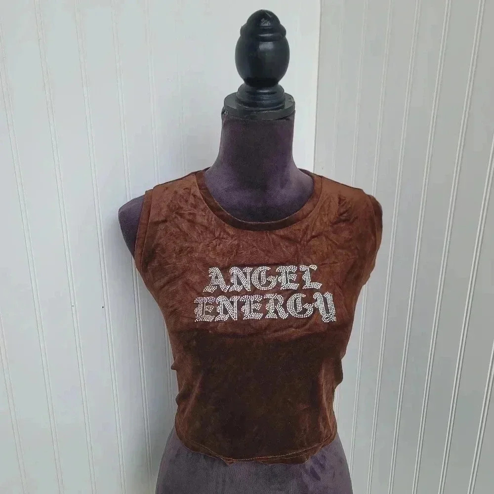 Btch & Stone Angel Energy Shirt Adult Brown Velvet Studded Graphic Women’s XL - Picture 1 of 7